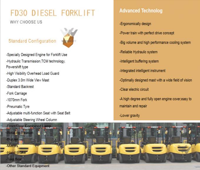 Forklift 3T diesel με το δευτερεύοντα ιστό μετατόπισης